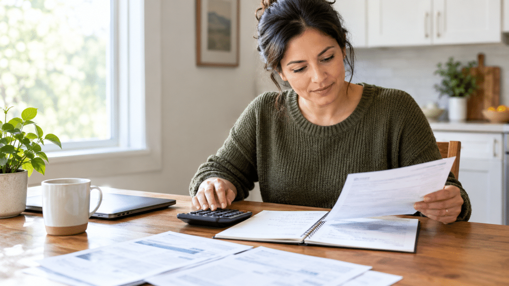 Woman reviewing household bills and calculating a budget